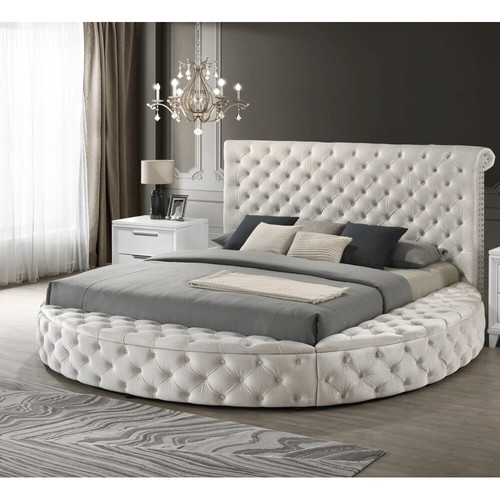 Unique Round Plush Ivory Velvet Button-Tufted Detailing Storage Bed King Siz - Picture 39 of 68