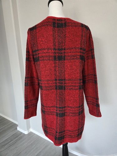Adrienne Vittadini Tartan Plaid Knit Red Cardigan Sweater Fringed Jacket Sz L - Picture 4 of 13