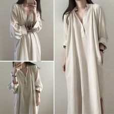 Lady Loose Long Shirt Blouse Dress Retro Casual Cotton V-neck Oversized Casual