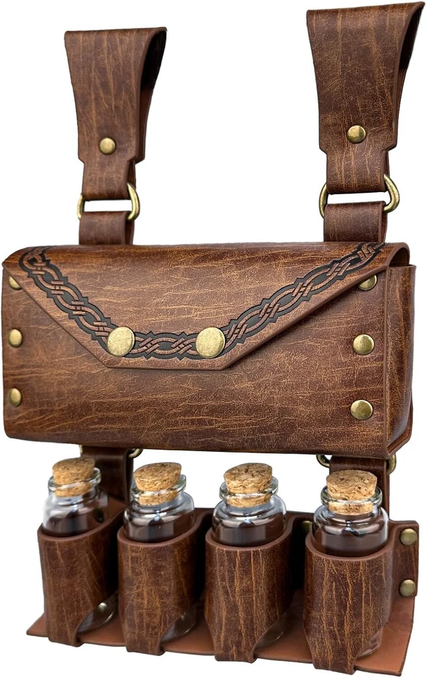 Bolso Cinturón HiiFeuer Alquimia Medieval Cuero Sintético con 4 Frascos Poción Corcho, Marrón Foto 3 de 4