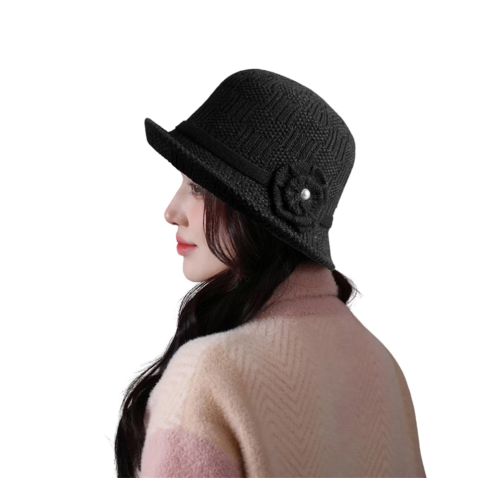 Mujeres Invierno Cálido Tejido Cubo Sombrero Crochet Visera Ala Gorra con Acento Floral Foto 4 de 4