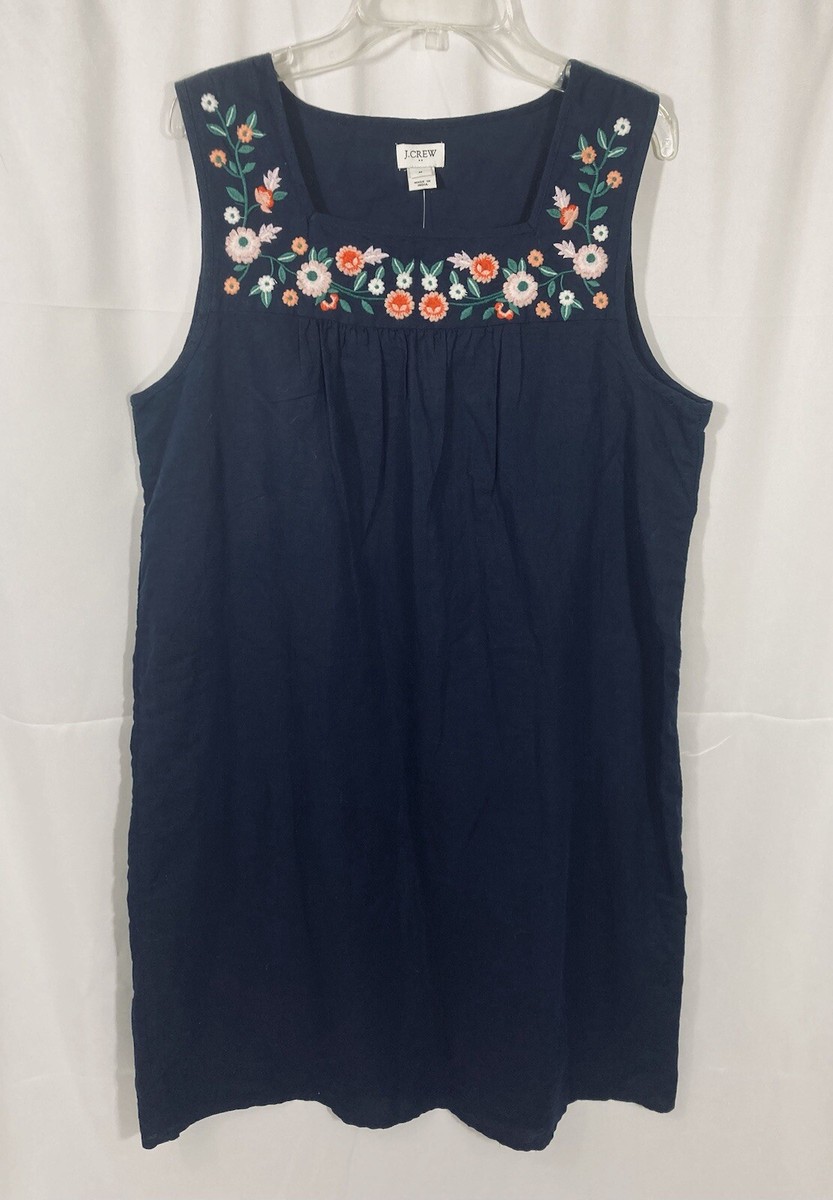 J. Crew Sleeveless Linen Blend Shift Dress Navy Blue Floral Embroidered Size M J. Crew Sleeveless Linen Blend Shift Dress Navy Blue Floral Embroidered Size M