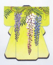 Wisteria Blossoms on Yellow Japanese LG. Kimono HP Needlepoint Canvas by LEE
