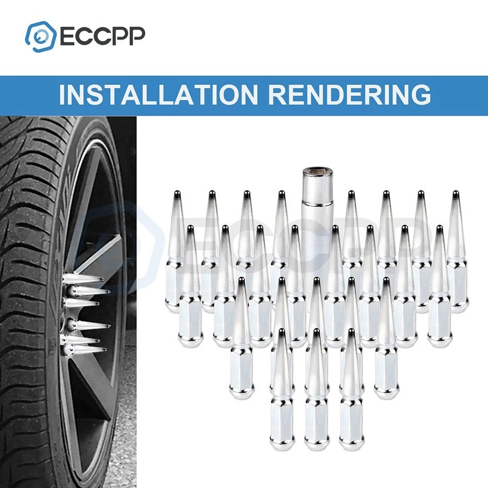 24 Pcs Chrome M14x1.5 Spike Lug Nuts +1 Key For Toyota Tundra Ford Chevrolet Foto 3 de 4