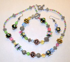 Fab Artisan Lampwork Glass Beads Crystal & 925 Silver Ornate Globes 3pc Parure