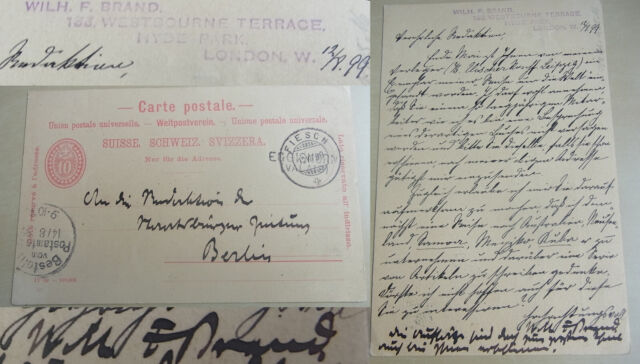 Schriftsteller Wilhelm F. BRAND (1854-1943): PK FIESCH 1899 an Staatsbürger-Ztg. Schriftsteller Wilhelm F. BRAND (1854-1943): PK FIESCH 1899 an Staatsbürger-Ztg.