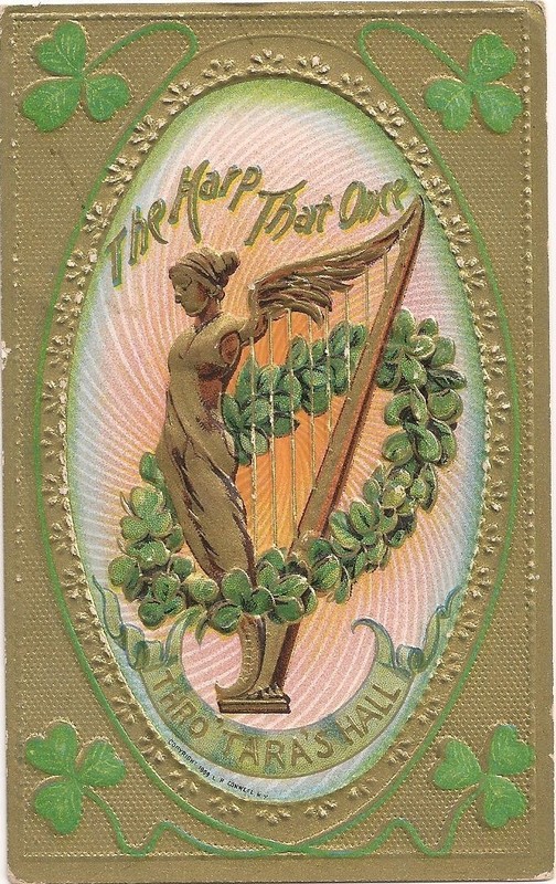 ANTIQUE ST. PATRICKS DAY/HARP Postcard, GILDED EMBOSSED USA 1908 