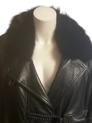 Vintage GIVENCHY Fourrure Black Leather Coat Fur Collar Removable