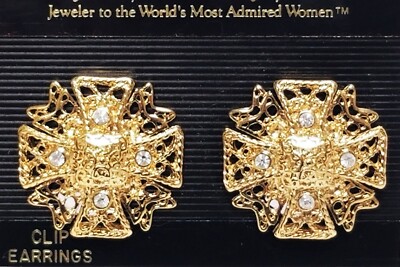 NOC Kenneth Jay Lane KLJ Gold Plated Rhinestone Maltese Cross Clip Earrings 