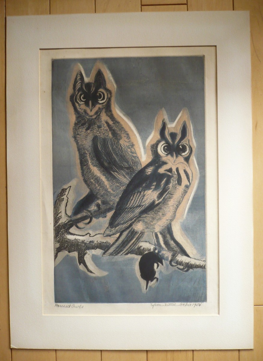 SYBILLA MITTELL WEBER, SIGNED COLOR ETCHING PRINT OWLS BIRD