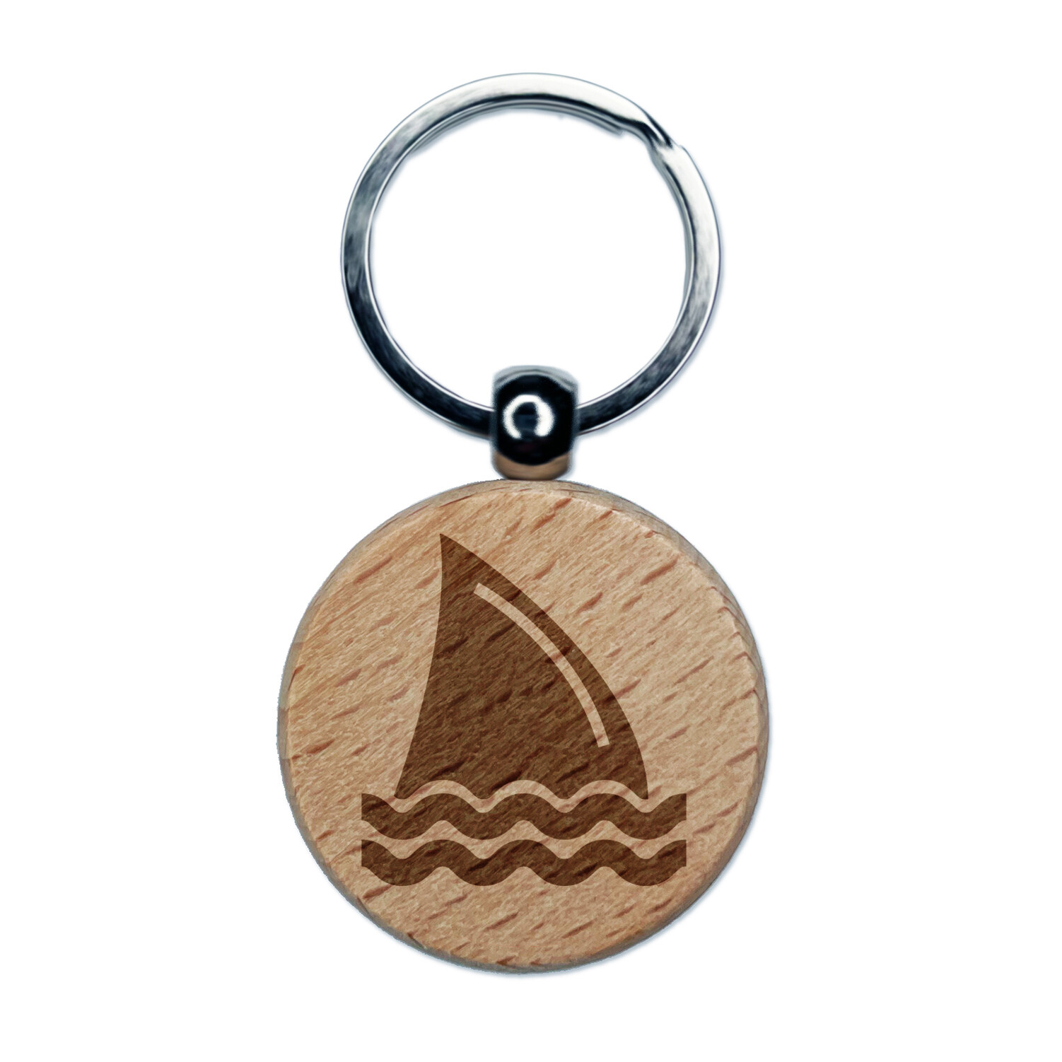 Shark Fin in Water Engraved Wood Round Keychain Tag Charm
