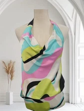 Laundry by Shelli Segal 100% SILK Halter Blouse Size S Retro Print Top Cowl Neck