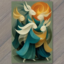 Art Print Abstract Rabbits Dancing Teal Gold Flowing Shapes Whimsical Modern