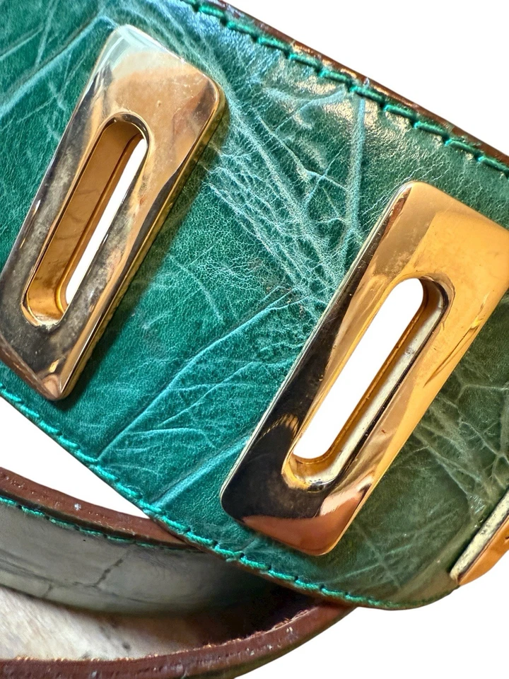 Cinturón Vintage Ancho Cocodrilo Verde Cuero Repujado Herrajes Dorados Estampado 1902 46 Foto 2 de 4