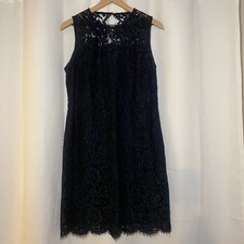 Banana Republic Navy Blue Lace Overlay Sheath Cocktail Dress Womens Raw 12 EUC