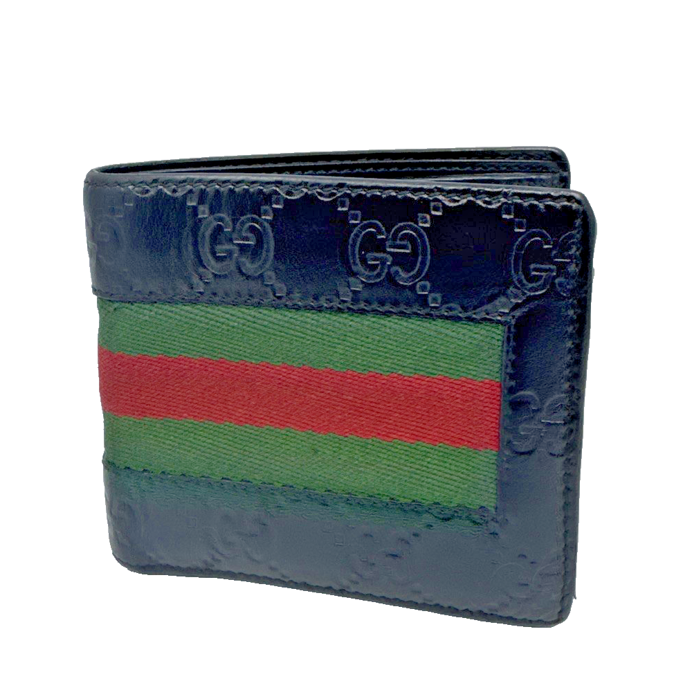 Gucci Guccissima Black Leather Bifold Wallet Men's Web Stripe GG