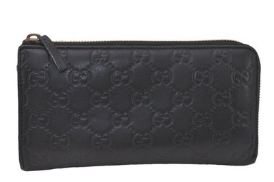 Authentic GUCCI Guccissima GG Leather Round zip Long Wallet Purse Black 912AA