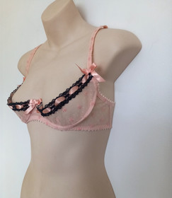 AGENT PROVOCATEUR Pink Black Lace & Ribbons Open Cup Balconette Bra size 34C