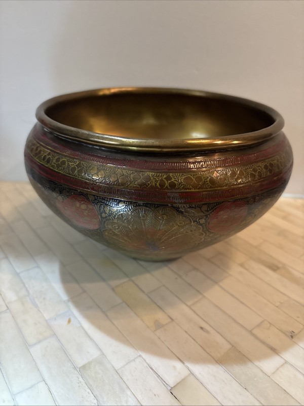 Vintage Ganga Jamuna Peacock Engraved Water Vessel Stamped India 64