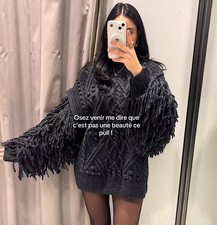 ZARA NEW WOMAN FRINGED KNIT SWEATER DARK GREY Size S REF:5802/120