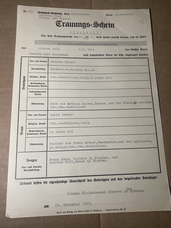 1939 Marriage Certificate Copy Trauungsschein from Bad Fischau, Austria