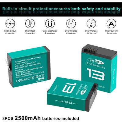 3X Akku & 3 Kanal Ladegerät für GoPro Hero 13 Black 2500mAh Lithium Akku Set
