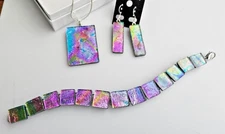 Handcrafted Multicolor Fused Dichroic Glass Pendant, Earring, Bracelet Set/New