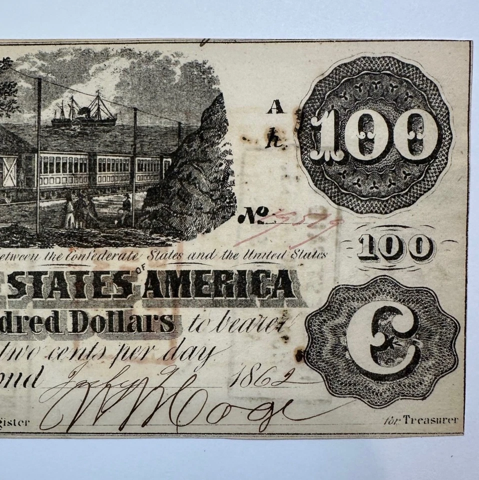 Original July 1862 The Confederate States of America $100 Paper Note GEORGIA - Image 3 of 4