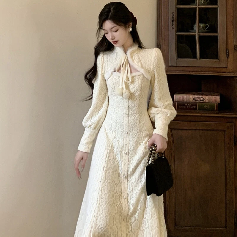 Winter Lace Elegant Dress Women Casual Patchwork Party Midi