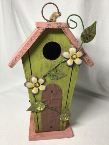 WOODEN PAINTED BIRDHOUSE GREEN PINK 10" Tall NWT
