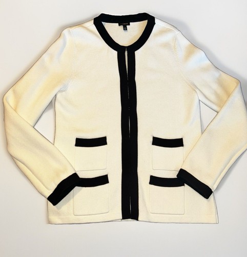 Talbots Ivory Sweater Cardigan Blazer Black Trim Cashmere Bld Old Money Sz M - Picture 2 of 13