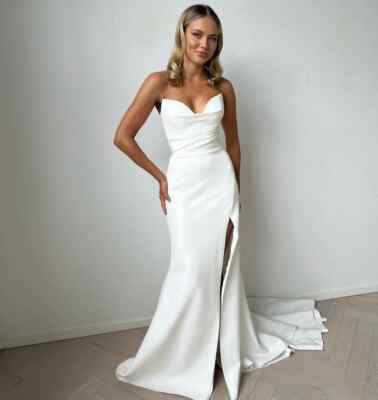 green and white bridesmaid dresses Elegant Satin Mermaid Sweetheart Split Pink Long Bridesmaid Dresse,MBD140 main image 1