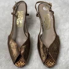 Salvatore Ferragamo Women's Gold Reptile Pattern Open Toe Heels Size 7