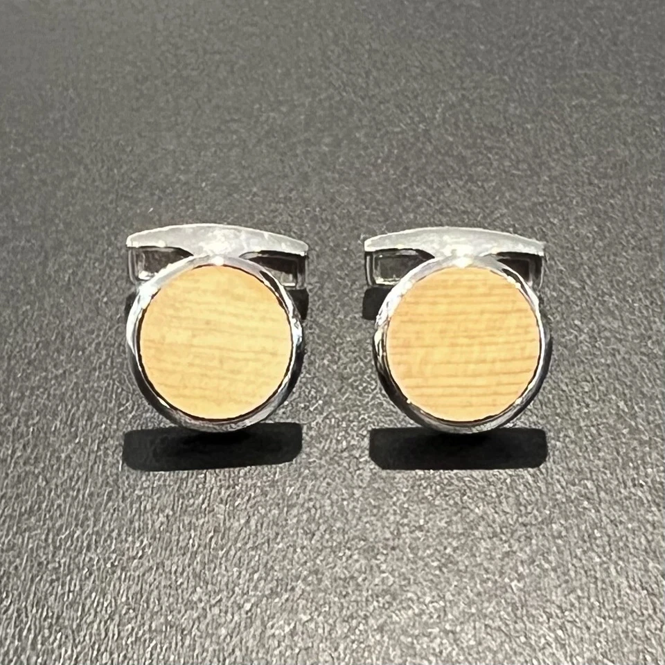 925 Sterling Silver Bevel Edge Round Yellow Wood Cufflinks In Box Men Cufflinks - Image 2 of 4
