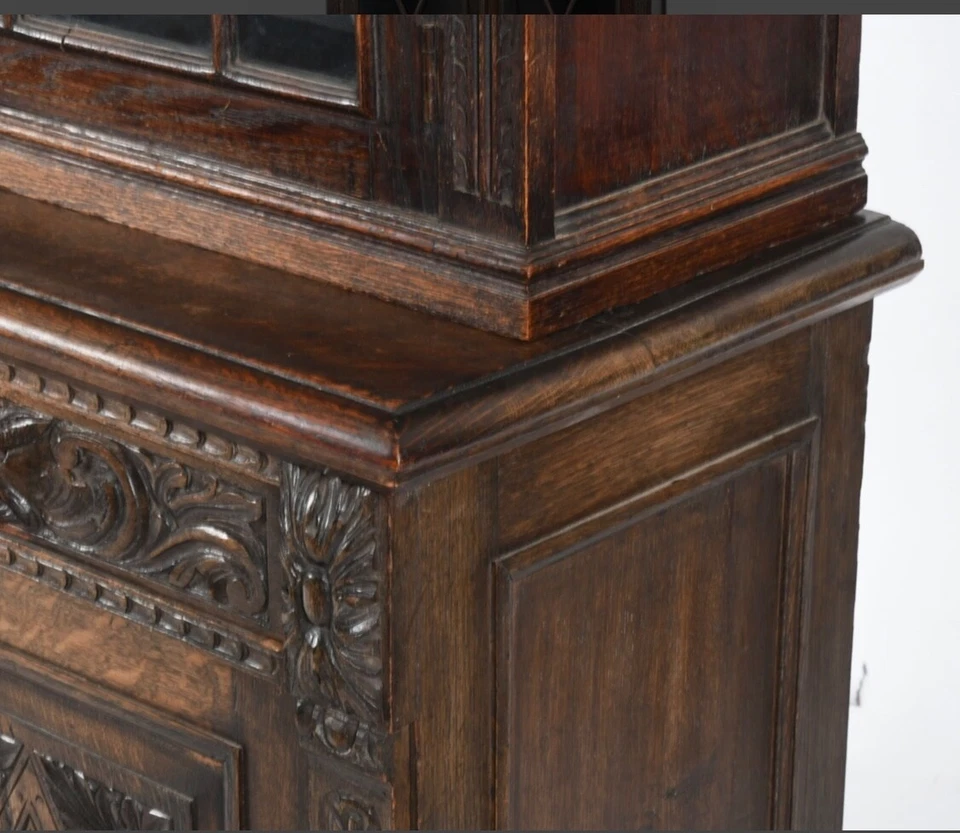 Antique carved oak bookcase lion heads north wind face 2pc 1890 Victorian Horner - Image 3 of 4