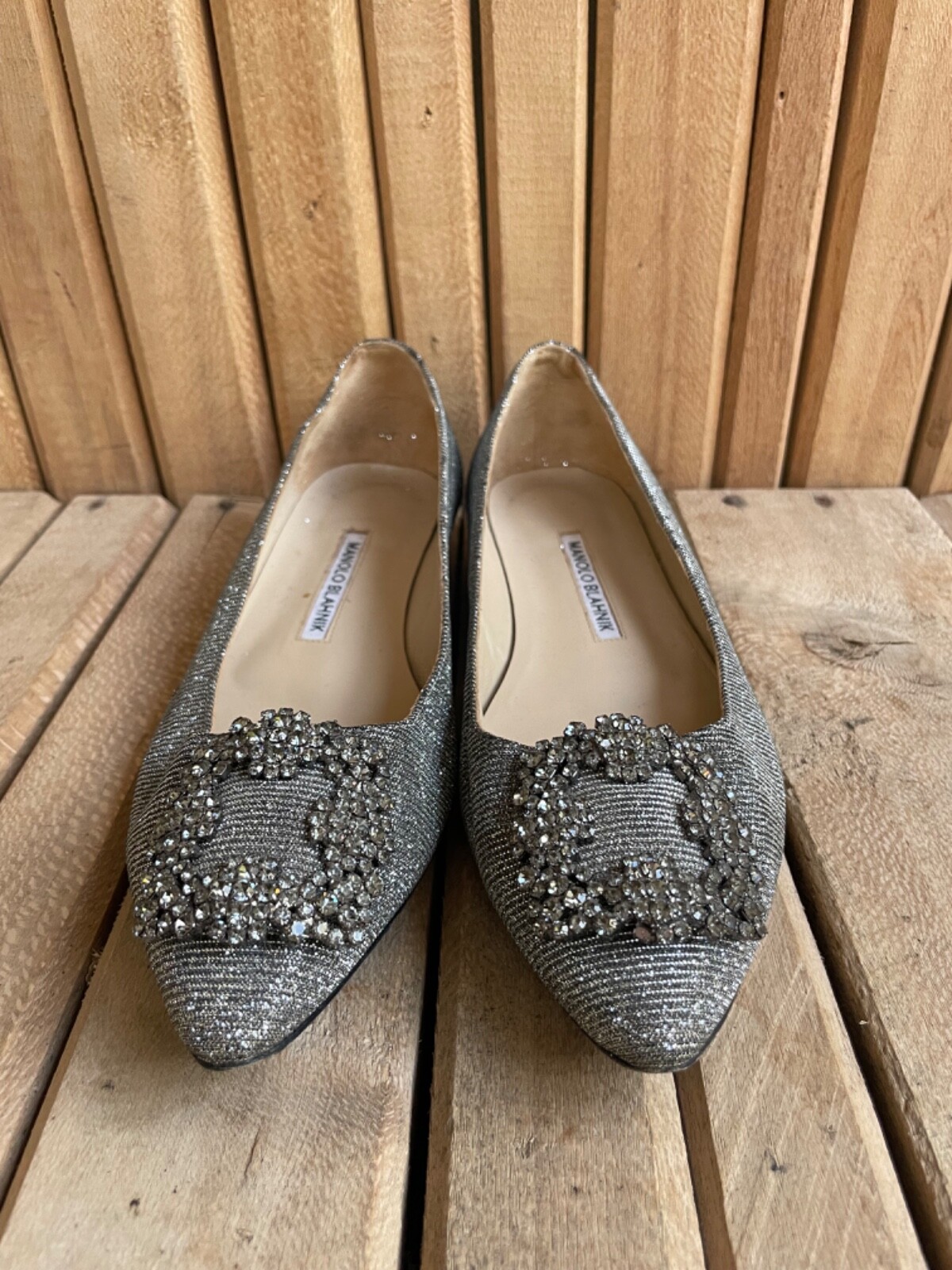 MANOLO BLAHNIK HANGISI Jeweled Glitter Silver Women's Flats Size
