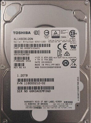 TOSHIBA AL14SEB120N 1.2TB 2.5'' SFF 10K RPM 12Gb/s SAS ENTERPRISE GRADE 24/7 HDD