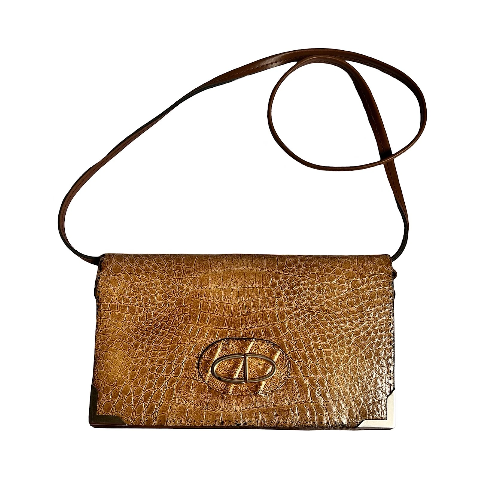 Sac bandoulière Christian Dior logo cuir marron doré CD. Boucle CD Crocodile