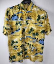 Mens Caribbean Island Hawaiian RIMA Terivoile Yellow Palmtree Surf Large Shirt