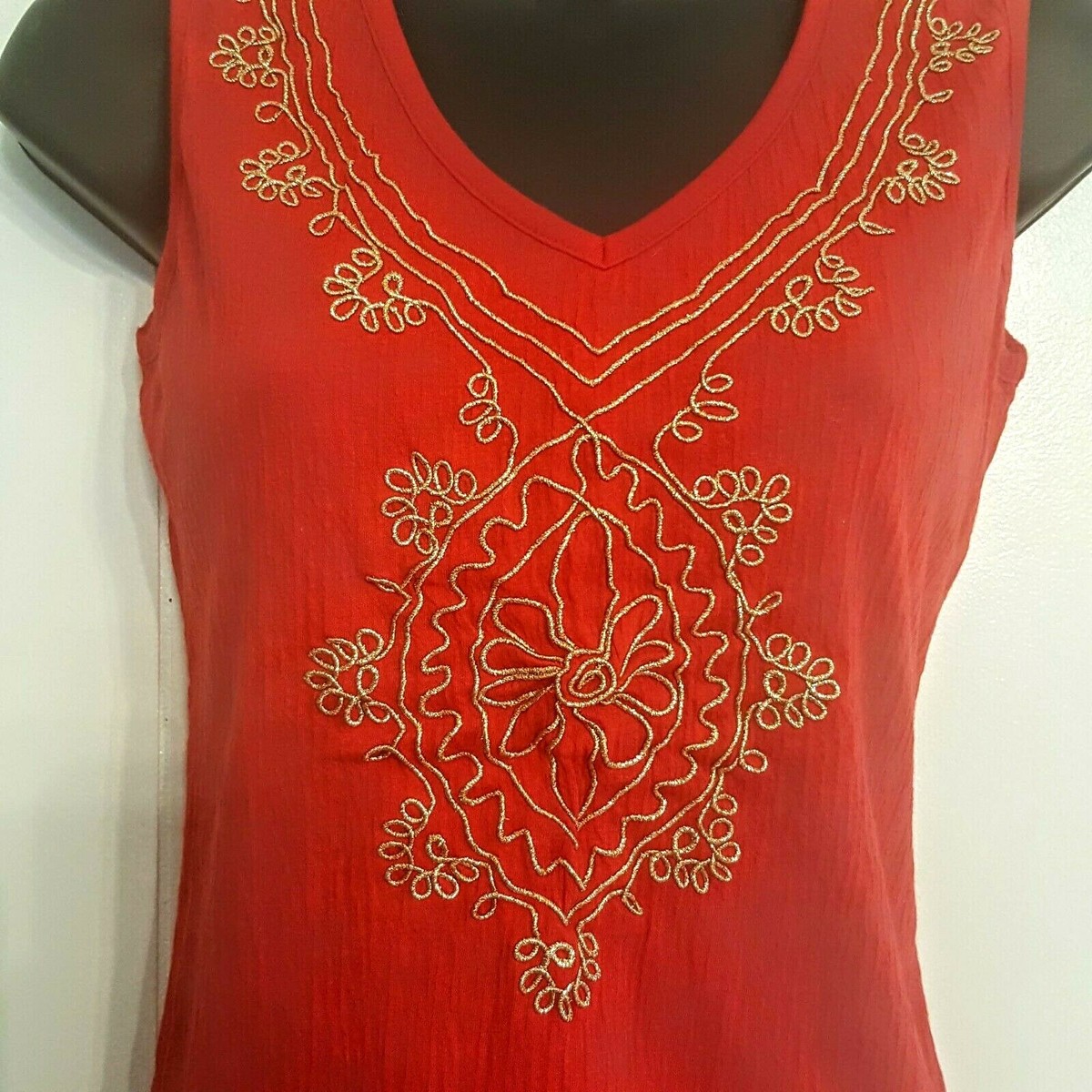 Tank Top Red Crinkle Cotton Gold Thread Embellished siz Small