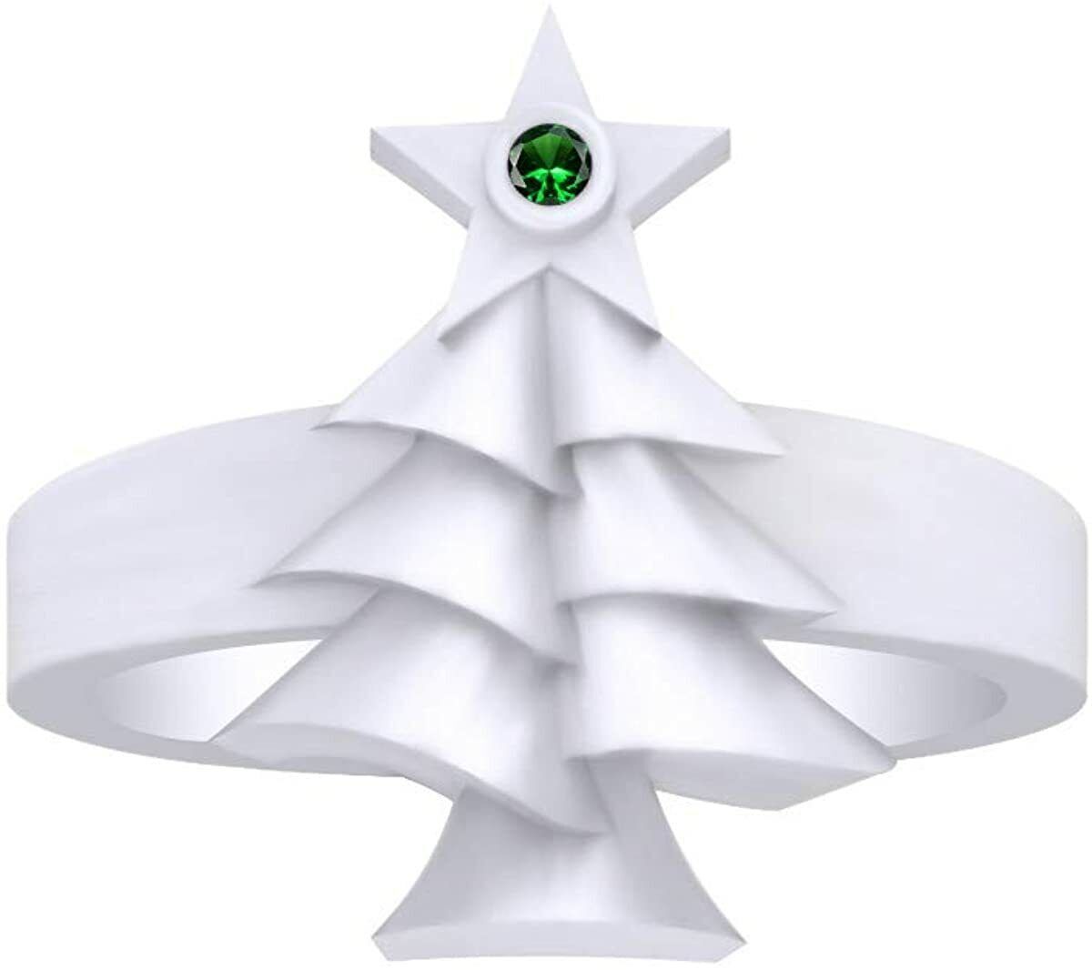 Simulated Diamond Emerald Tree & Star Ring in 925 Sterling Silver for Women  