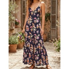 FLINN SKYE Small Black Floral Spaghetti Strap Hi Low Dress Y2K Button Front USA