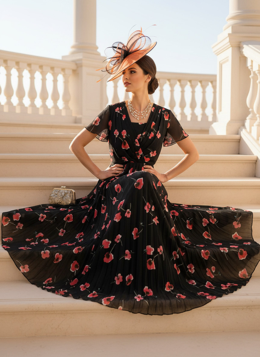 New Jacques Vert Dress 16 18 20 Chiffon Pleated Black Faux Wrap Floral RRP £159