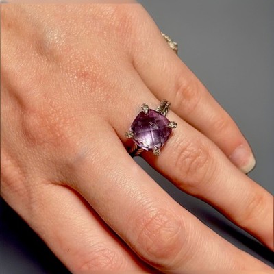 David Yurman Chatelaine Ring 18 Karat Silber Kissen Amethyst Diamant 11 mm