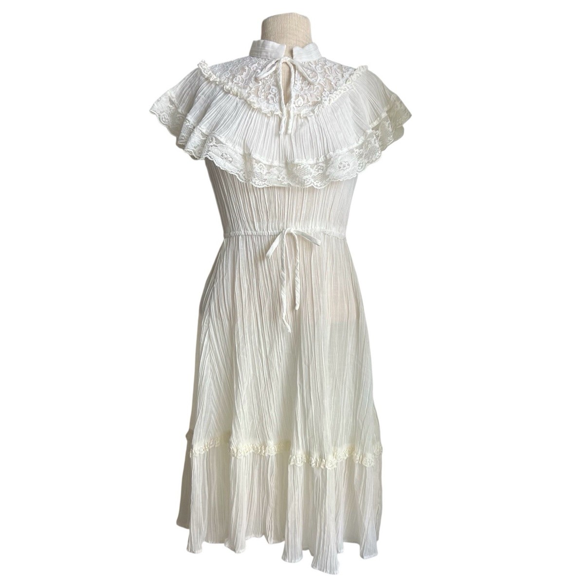 ANTIQUE SHEER WHITE RUFFLED LACE TRIM MIDI LENGTH PRARIE DRESS