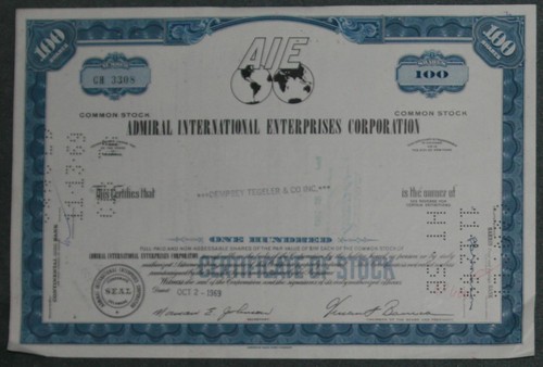 Admiral International Enterprises Corporation 1969 100 Shares