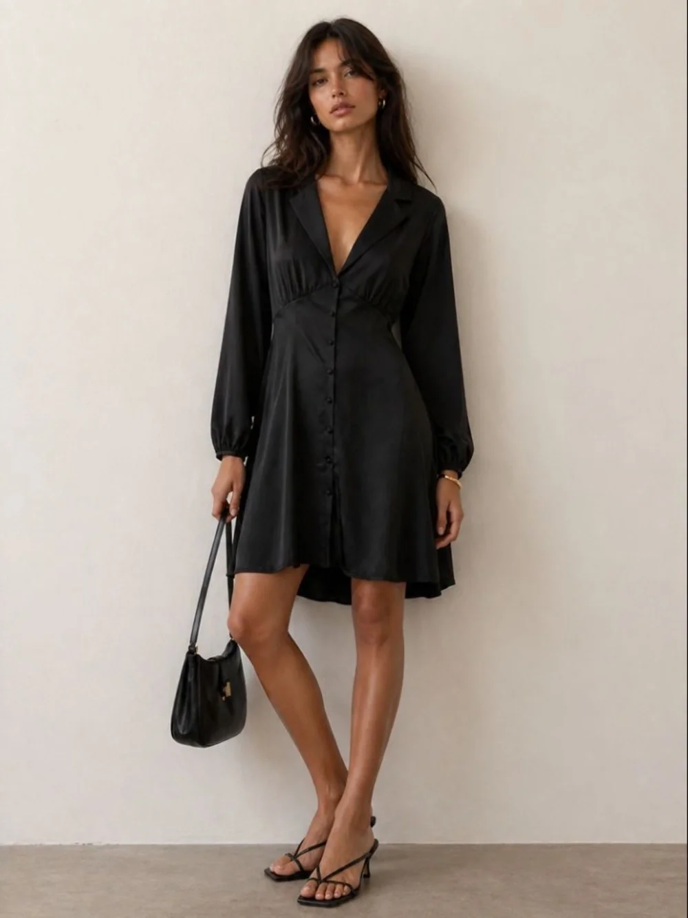 NWT Zara Long Sleeve Satin Mini Dress Women size Large Button Front Fit & Flare