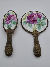 Vintage Art Nouveau Brass Porcelain Rose Vanity Set Hand Mirror Hair Brush