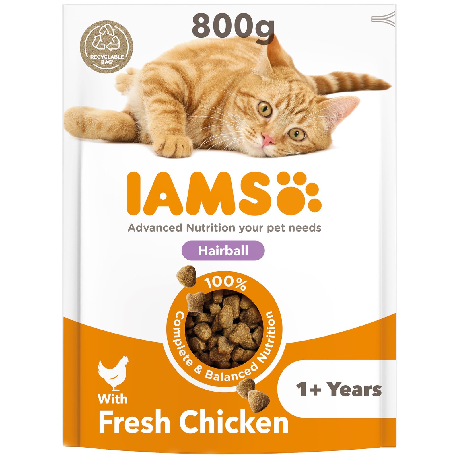 IAMS Hairball Complete Dry Cat Food Chicken 800g - Significantly Reduces Hairball Formation - Image 4