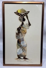 Vintage Original South African Framed Art Butterfly Wing Woman Signed Moses